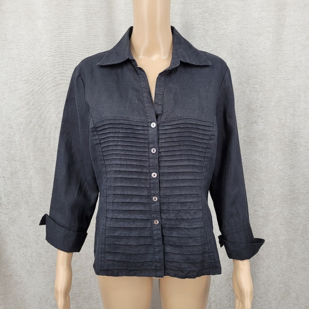 Tracy M Linen Women's Black Button Up Pleated Panel Top Blouse Shirt Large